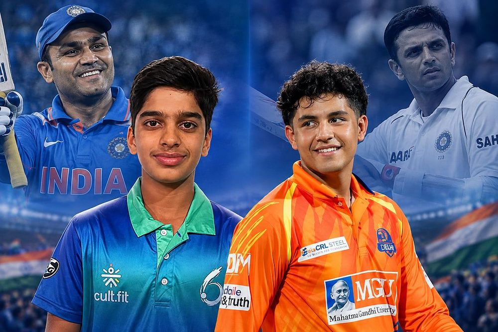 Anvay-Dravid-left-son-of-Rahul-Dravid-and-Aaryavir-Sehwag-son-of-Virender-Sehwag-could-represent-India-together-against-Pakistan-in-the-upcoming-Under-19-Asia-Cup.